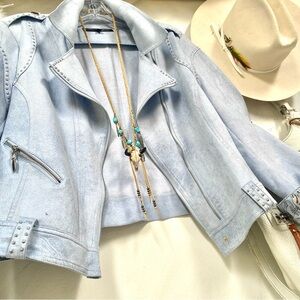 Blue vegan suede vibe studded moto jacket open front style w southwestern vibe